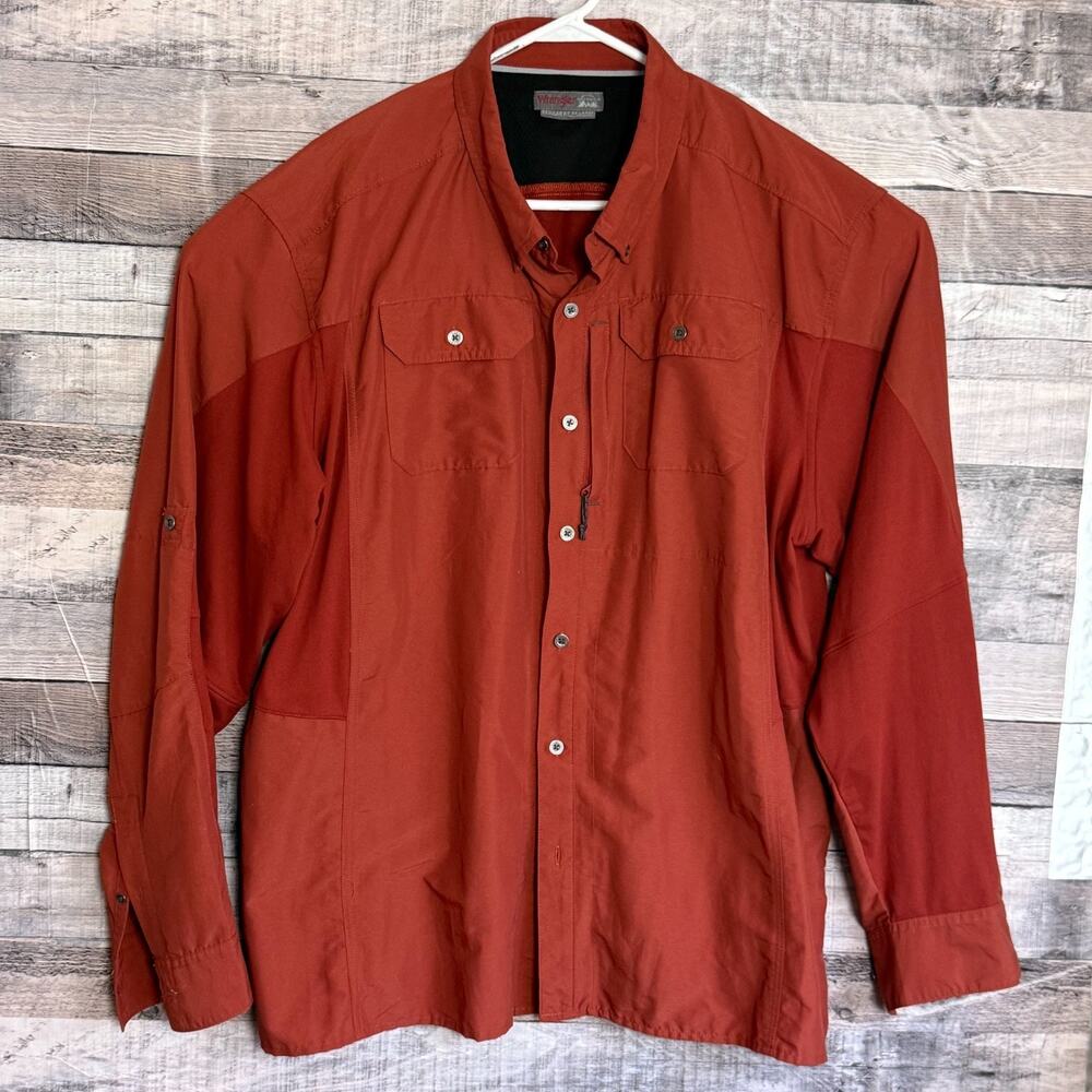 Wrangler Outdoor Series Hiking Shirt Mens 2XL Rust Button Up Long Sleeve Vented